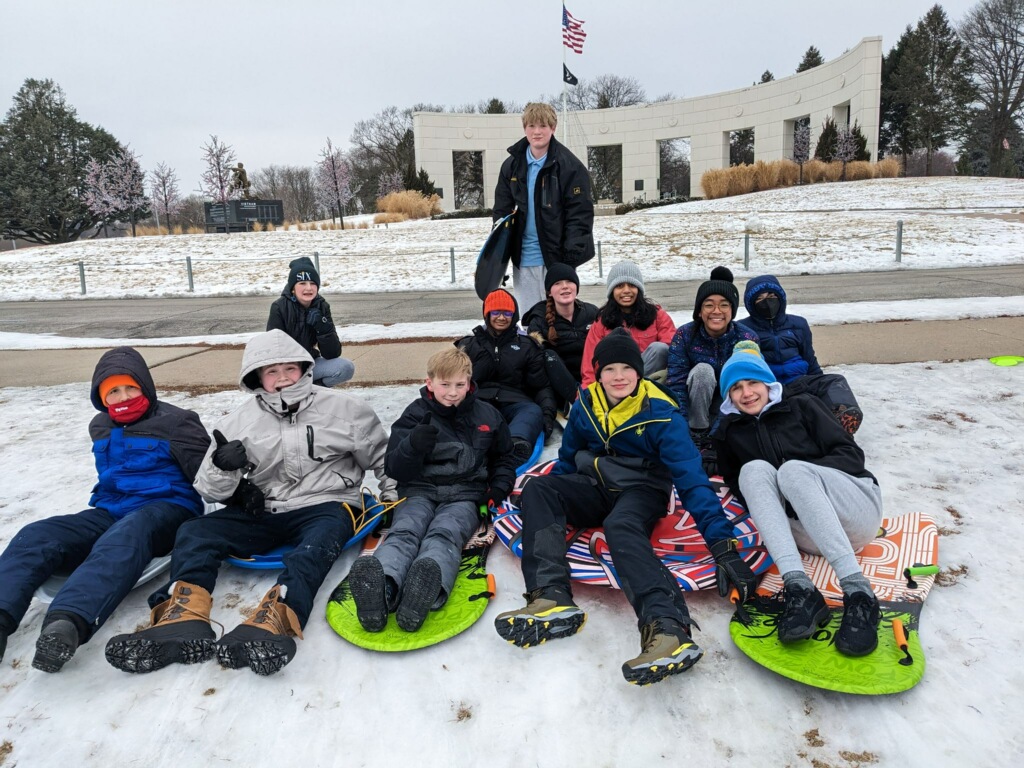 BT students sledding activities in Memorial Park